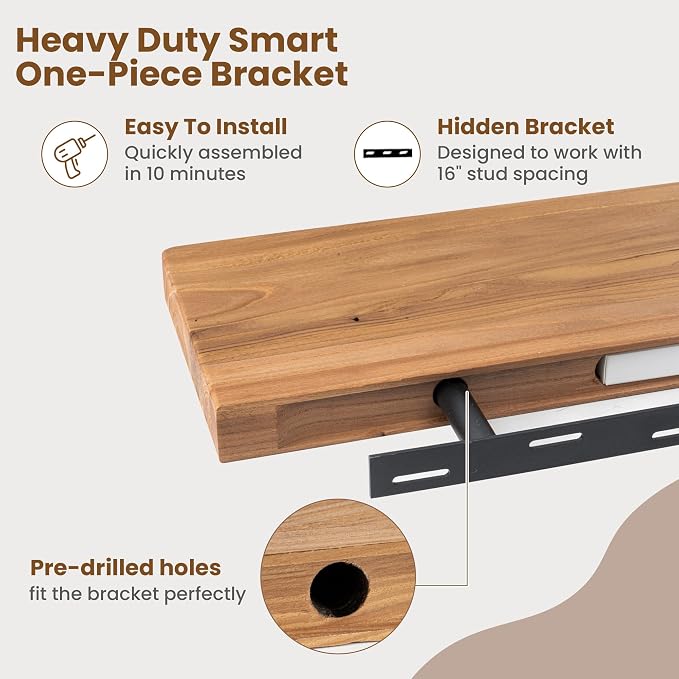 Floating Shelves for Wall, 40"Wx8"D Rustic Solid Elm Wood Floating Shelves Wall Mounted, Round Edge Wall Shelves with Invisible Bracket for Living Room Bathroom Bedroom Kitchen, Set of 2, Natural