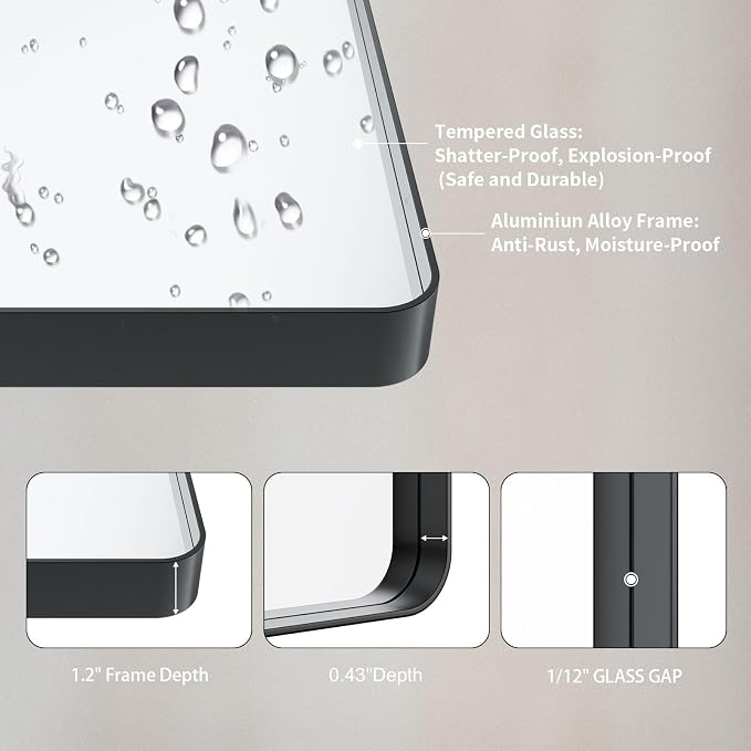 LOAAO 40X30 Inch Black Metal Framed Bathroom Mirror for Wall, Matte Black Bathroom Vanity Mirror Farmhouse, Large Rounded Rectangle Mirror, Anti-Rust, Tempered Glass, Hangs Horizontally or Vertically