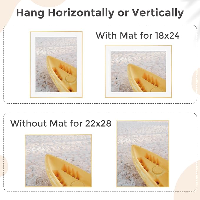 FLYJOE 22x28 Metal Picture Frame For Wall With Mat For 18x24, 22''x28'' Aluminum Photo Frames With Tempered Glass For Home Decor, Minimalist Modern Poster Frame Horizontally Vertically Set of 2, Gold