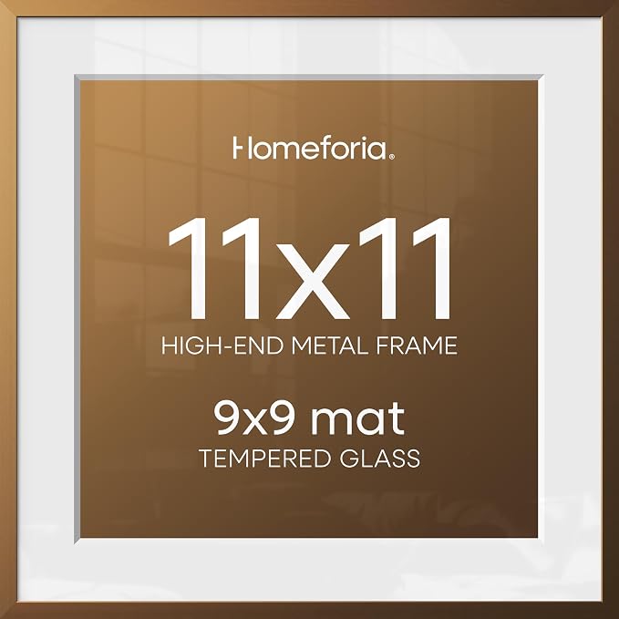 Homeforia 11x11 Picture Frame Brass, High End Metal 11 by 11 Square Bronze Frames with Mat 9 x 9 Photo, 11by11 Poster Frame Matted to 9x9 Print, Wall Hanging Frames, Tempered Glass, Wall Kit, Set of 1