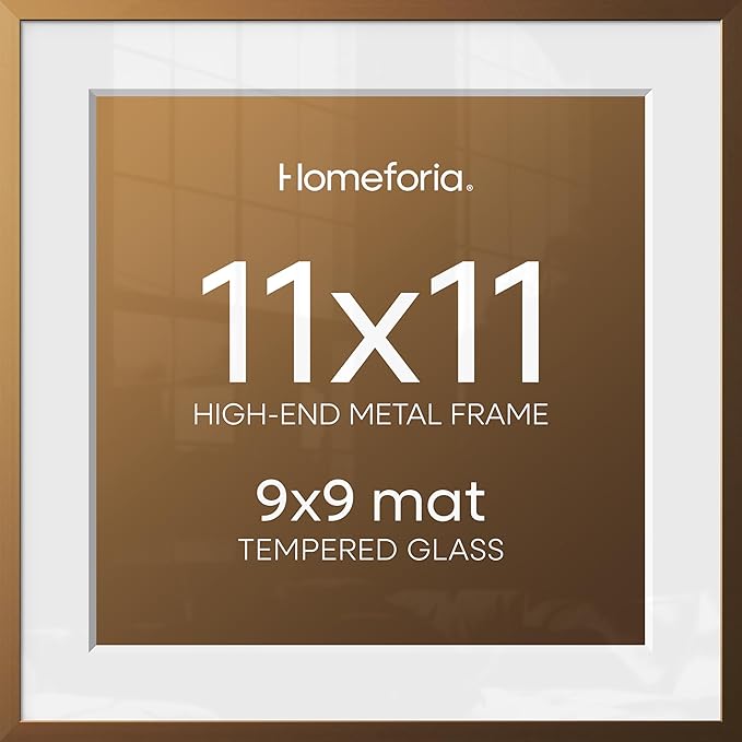 Homeforia 11x11 Picture Frame Brass, High End Metal 11 by 11 Square Bronze Frames with Mat 9 x 9 Photo, 11by11 Poster Frame Matted to 9x9 Print, Wall Hanging Frames, Tempered Glass, Wall Kit, Set of 2
