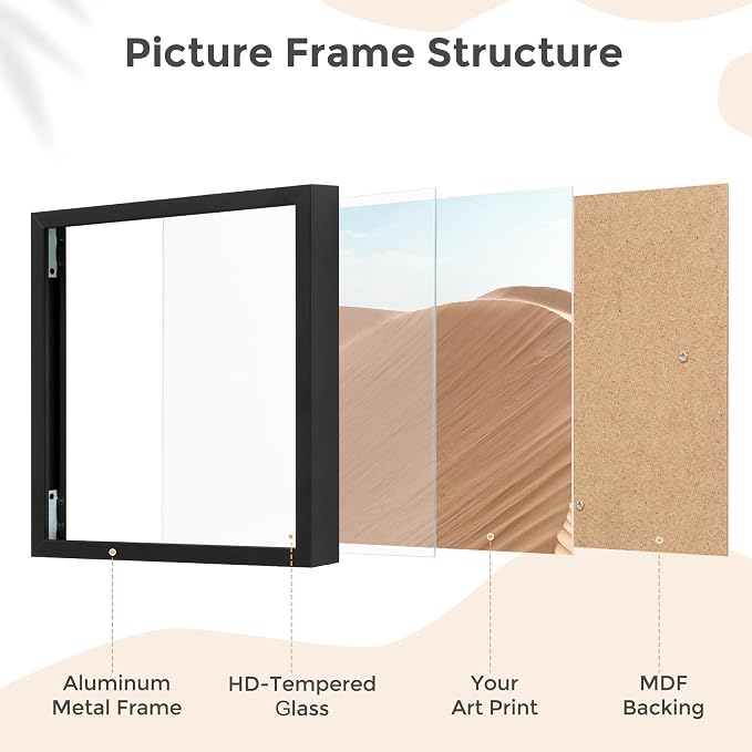 FLYJOE 7x7 Metal Picture Frame - Black Aluminum Square Frames with Real Glass, Wall Mounting Horizontally or Vertically, Simple and Elegant Decor for Wall Gallery Poster Photo Frames, Black