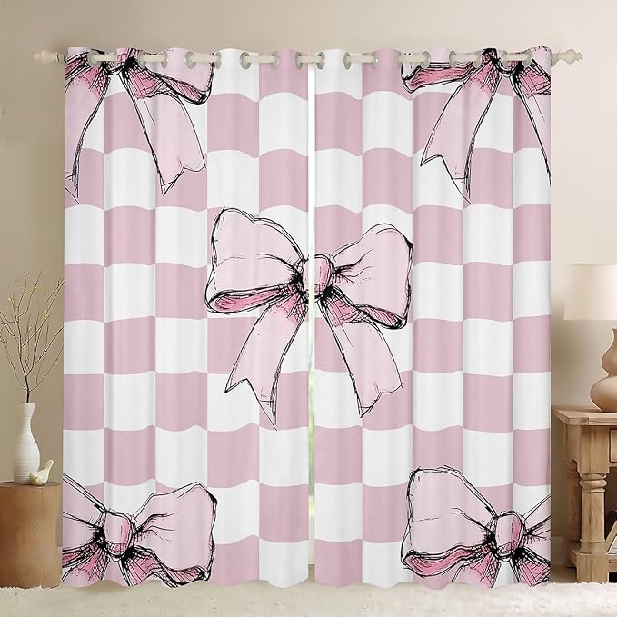 Erosebridal Cute Bowknot Window Treatments Pink Watercolor Bow Window Curtain 42" Wx90 L for Kids Girls Teen,Princess Ribbon Bow Curtain Dreamy Girly Bowknot Plaid Curtains & Drapes