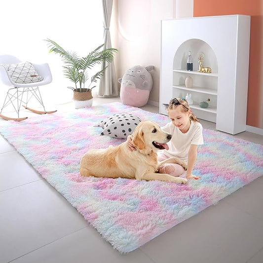 Rainbow Rugs for Girls Bedroom Living Room,4x6 Feet Shag Fuzzy Area Rug for Kids Playroom,Pastel Plush Shaggy Carpet for Nursery Baby Toddler Dorm Room