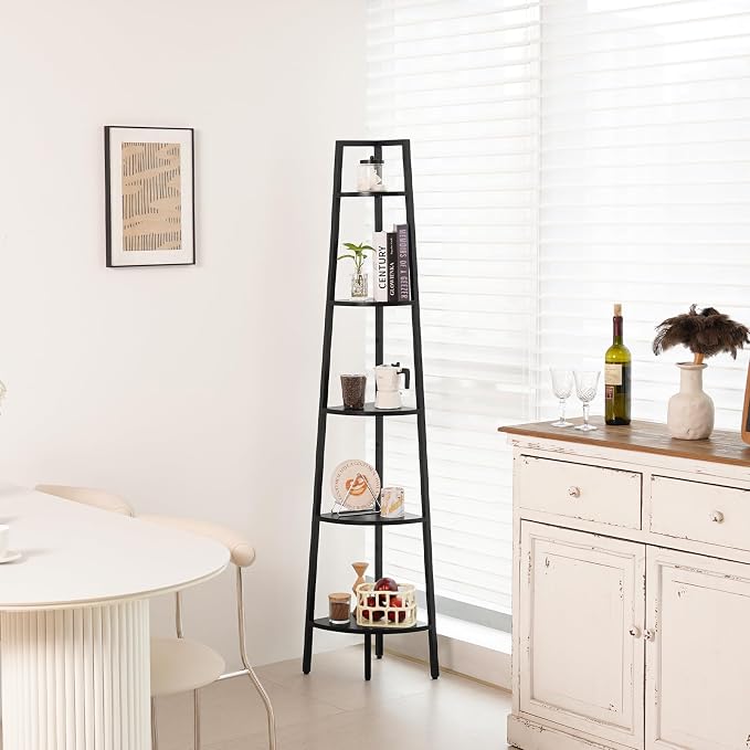 Yoobure 5‑Tier Corner Shelf – Sturdy Metal Frame & Wood Ladder Bookshelf, Space‑Saving Display Shelves for Plants & Books, Easy Assembly, for Bedroom, Living Room, Office, Balcony