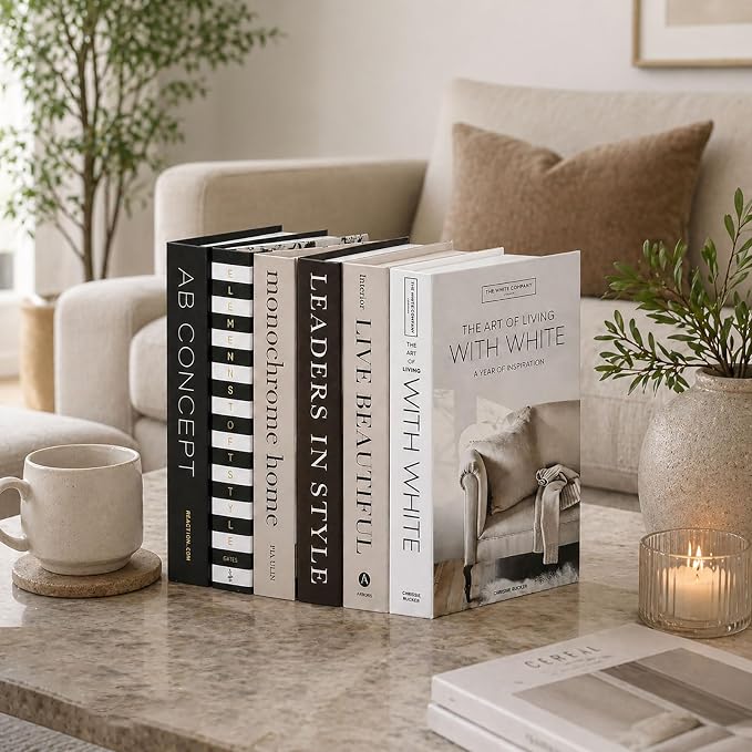 Decorative Books Set of 6 – Faux Books for Home Decor, Coffee Table Decor Books, Fake Books for Decoration, Bookshelf Styling & Living Room Decor, Stacked Book Decor