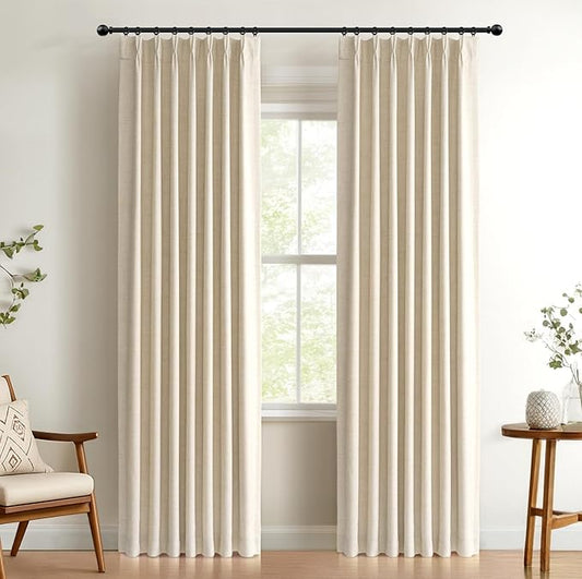 100% Blackout Shield Linen Look Textured Pinch Pleated Curtains Blackout Drapes 120 Inch Long 2 Panels Set, Faux Linen Blackout Curtains for Bedroom & Living Room, 40" W x 120" L, Cream