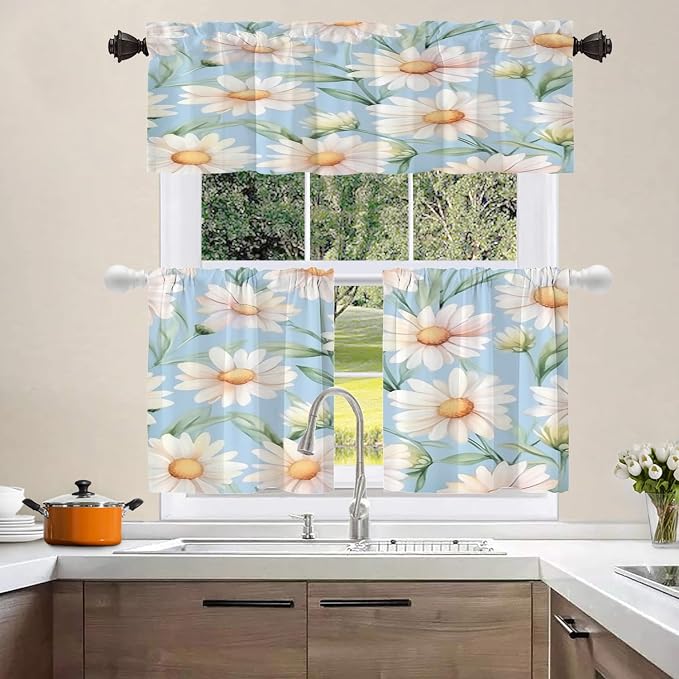 Shrahala Daisies Leaves Kitchen Valances, White Daisies On Blue Half Window Curtain Window Treatment Multilayer Polyester Blackout for Living Room Bathroom 2 Pack 52 x 16 in
