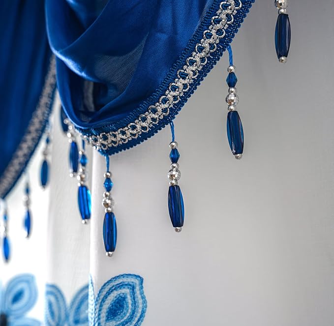 Petrichor Embroidered Sheer Curtain 2 Panels Set - Luxury Window Curtain Attached Valance with Satin Backing and 2 Tie Backs for Living Room,Dining Room, 54x63 inches, Navy