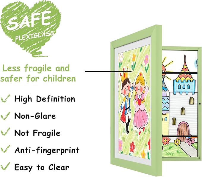 KINLINK 10x12.5 Kids Art Frame 2 Pack, Solid Wood Artwork Frames Changeable, Front Opening Hold 150 Pictures, Art Frames for Kids Artwork, 8.5x11 with Mat 10x12.5 without Mat, Picture Frames Light Green