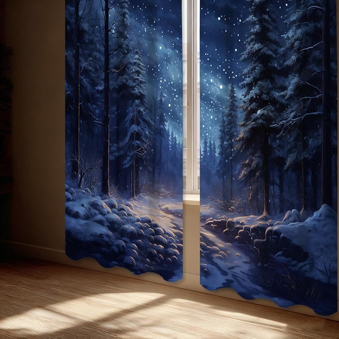 Shrahala Winter New Year Thermal Insulated Blackout Window Curtains, Stars Forests Snow Night Long Drapes for Bedroom/Living Room with Plastic Grommet, 52X84 Set of 2
