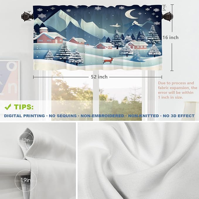 Shrahala Winter Snow Landscape Blackout Short Curtains for Windows, Snowy Tree Fields Houses Hills Kitchen Valance Thermal Insulated Rod Pocket Window Treatment for Bathroom 2 Pack 52 X 16 in