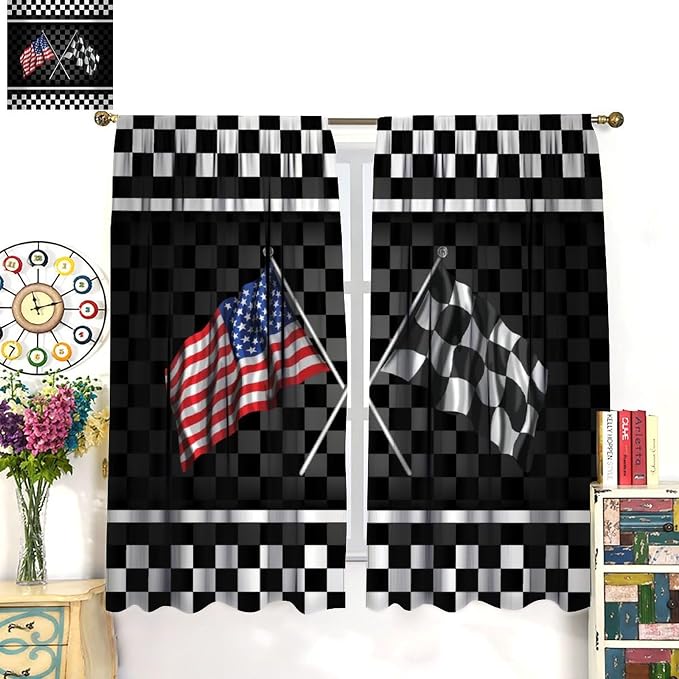 American Flag Window Curtain,Racing Car Black White Checkered Flag Abstract Sports Geometric Cloth Farbic Cafe Dining Room Office Living Room Kitchen Bedroom Drapes, 52x84 in