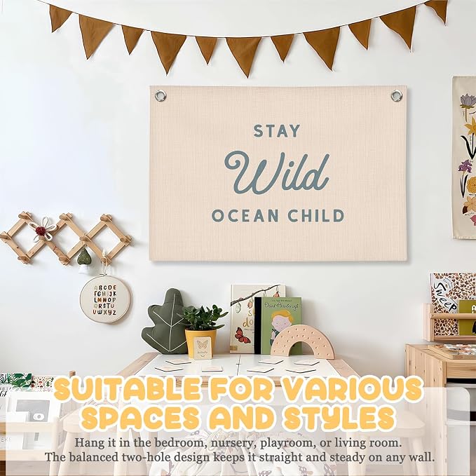 Ocean Nursery Decor, Stay Wild Ocean Child Wall Linen Canvas Banner, Coastal Beach Wall Decor for Kids Boys Girls Toddler Nursery Room Bedroom Playroom 30x20 Inch