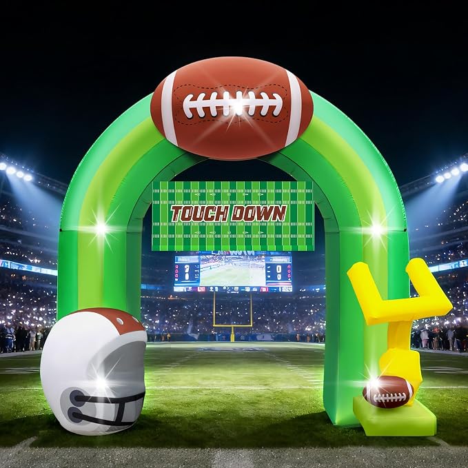 9FT Football Party Decorations for Game Day Blow Up with Helmet Built in LED Lights Goal Post for Yard Giant Balloon Photo Prop for Gift Light Green Football Inflatable Arch