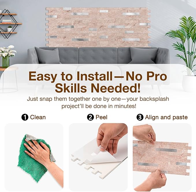 Peel and Stick Backsplash Tile Waterproof Removable PVC Wall Sticker 3D Faux Stone Marble Brick White Accent Panels (Pink Marble - Metal Silver, 40 Tiles - 18 sq. ft. (1.68 m²)