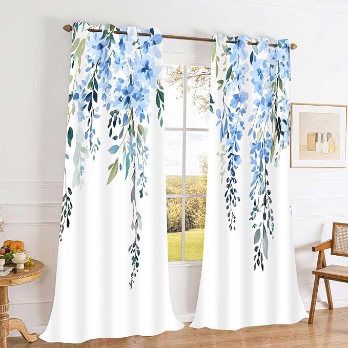 Blue Watercolor Floral Curtains, Botanical Leaves Vine Flowers Curtain, Rustic Farmhouse Flower Leaf Blackout Window Treatment Drapes for Bedroom Living Room 42x96 inch, 2 Panels