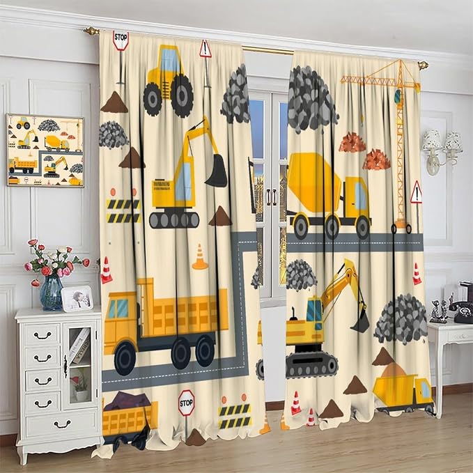 Cartoon Car Blackout Curtain,Boys Kids Construction Equipment Vehicles Excavator Window Curtains Dining Room Living Room Kitchen Cafe Bedroom Office Nursery Drapes Decor,42x45 in