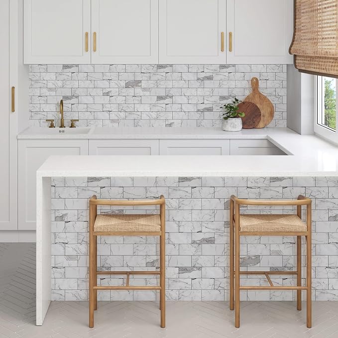 Vamos Tile 4-Piece Peel and Stick Backsplash Seamless Tile,3''x6'' Glossy Statury White with Dark Gray Grout Subway Tile,Stick on Backsplash for Kitchen/Bathroom/Laundry Room