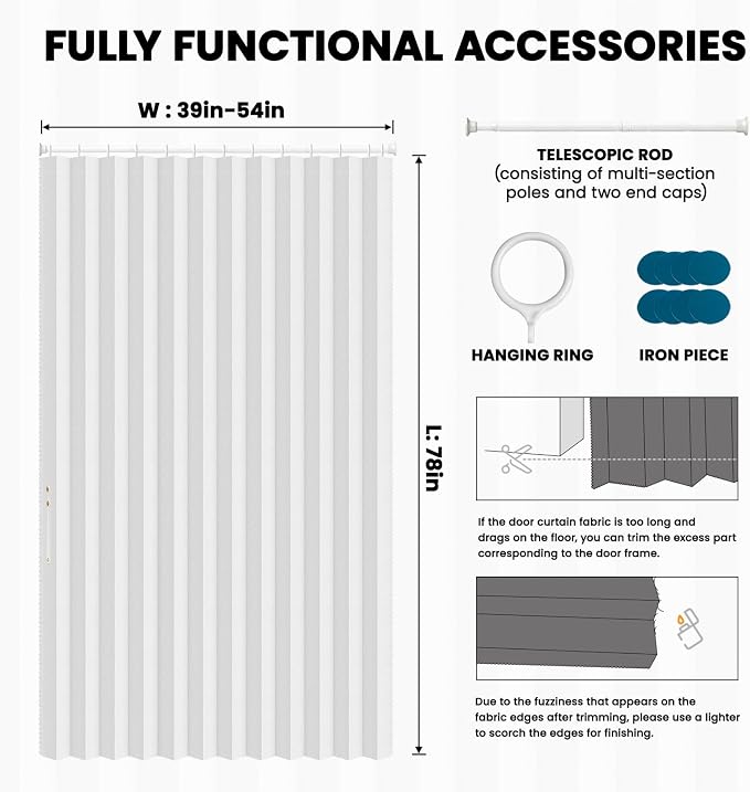 AJAZZ Blackout Accordion Doors Interior Sets Included Rod (1 Pack, 54W x 78 L, White) Invisible Magnetic Door Curtain for Bedroom Living Room Doorway Curtain