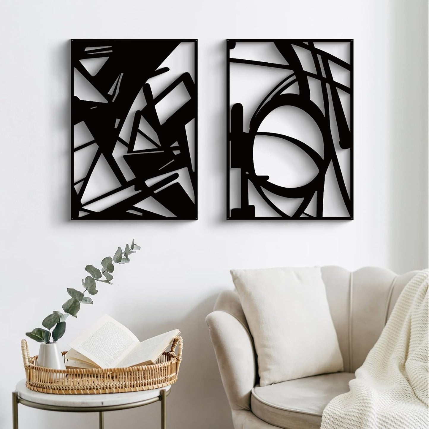 Glamativity Large 4 Pack Black Abstract Metal Wall Art, Minimalist Décor Single Line Art Wall Décor, 3D Textured Metal Wall Sculptures, for Living Room Bedroom Bathroom Study Room (Black, L Size 22.5