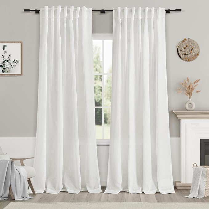 Off White Semi Sheer Linen Curtains 94 inch Length for Living Room Back Tab Rod Pocket Modern Farmhouse Coastal Decor White Cotton Textured Gauze Curtains 94 inches Long for Dining Room Office