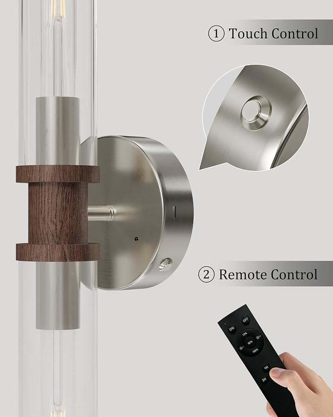 Rayogale Nickel & Walnut Wireless Battery Operated Wall Sconces with Remote | Glass Rechargeable Wall Lights Set of 2 with Timer Function Dimmable for Living Room Bedroom Emergency 3000K, 20.5 Inch