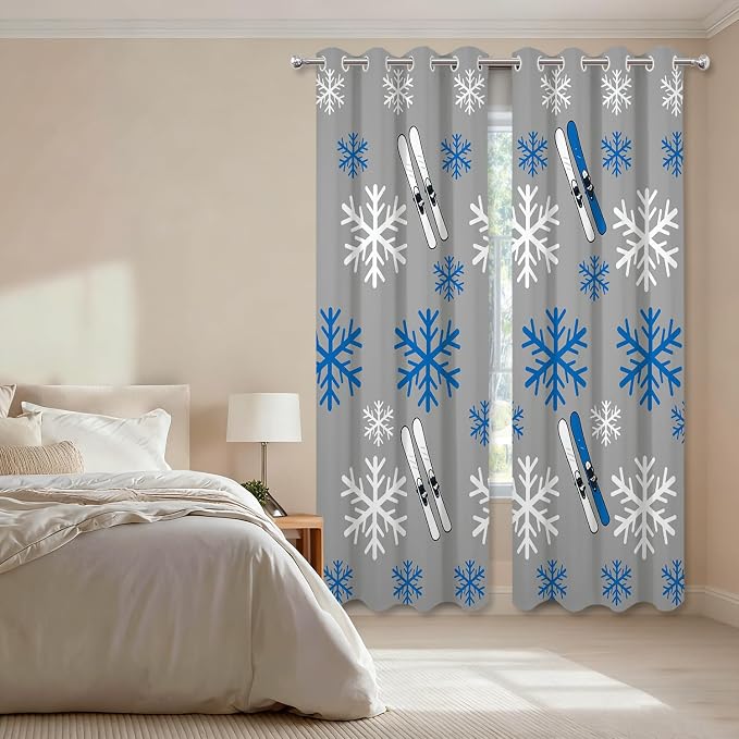 Shrahala Snowflakes Skis Blackout Window Curtains, Winter Sports Themed Pattern Thermal Insulated Curtains Grommet Long Drapes for Bedroom,Living Room (2 Panels, 52 X 63 in)