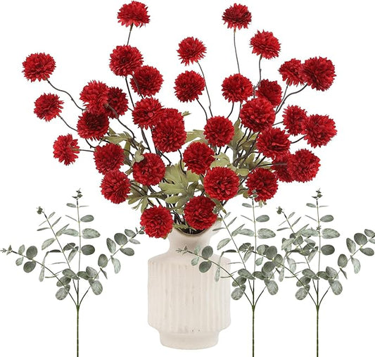 DuHouse Faux Flowers for Vase Kiku 8 Stems & 3 Eucalyptus,Fake Flowers Stems for DIY Wedding Bouquets Centerpieces Vase Home Table Kitchen Decorations