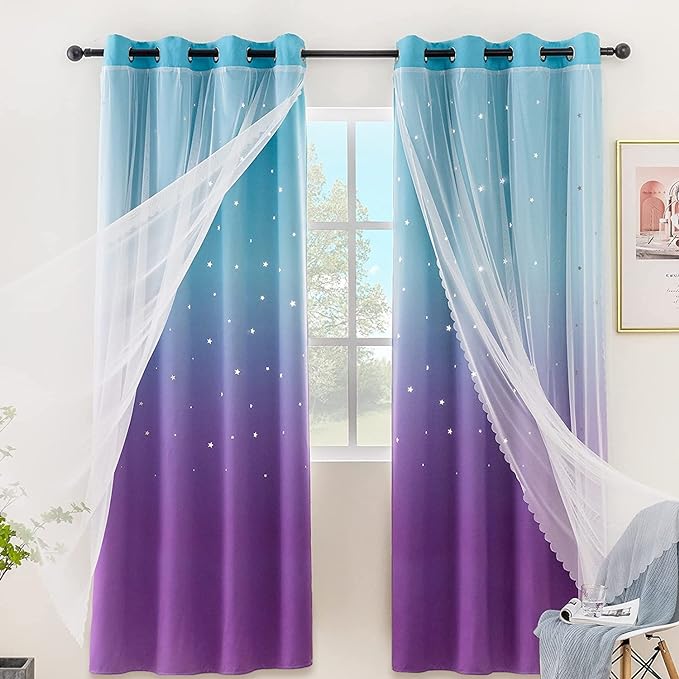 Stiio Girls Rainbow Star Curtains, 2 Panels W52 x L84 inches, Kids Room Darkening Blackout Curtains with Blue Purple Ombre Stripe