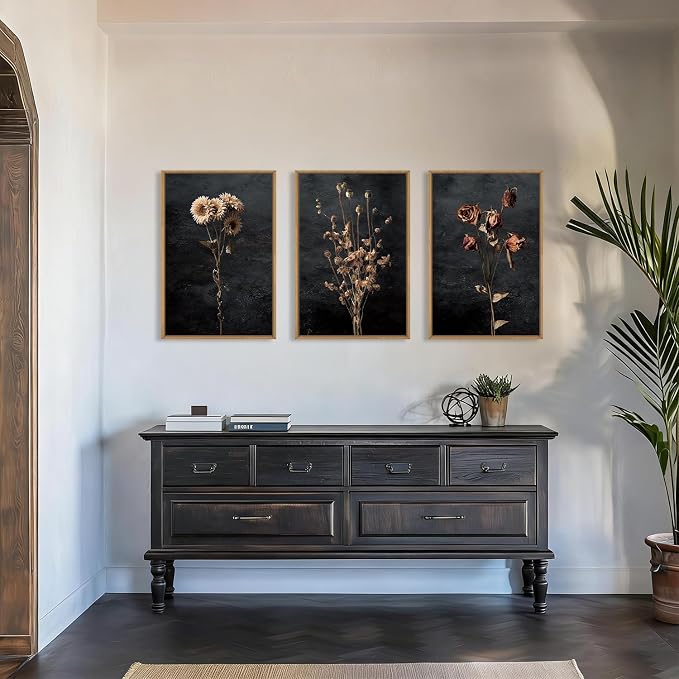 Large Moody Dark Floral Framed Canvas Wall Art Set,Vintage Mid Century Dried Flower Wall Decor,Modern Boho Wildflower Botanical Artwork for Living Room,Bedroom,Farmhouse-16 x24 x3