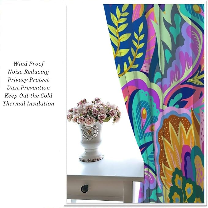 Vintage Dreamy Black Blackout Curtains Featuring Vibrant Bohemian Floral and Swirl Patterns, Ideal for Heat Insulation and Noise Reduction in Bedrooms and Living Rooms63X72 Inch