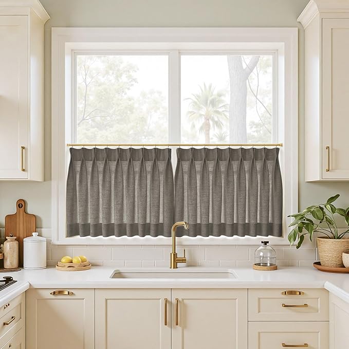 TWOPAGES 34" W x 45" L Linen Blend Cafe Curtains for Kitchen Window, Light Filtering Pinch Pleated Tier Curtains, Modern Farmhouse Half Window Curtains for Small Window, Chocolate Tart, 2 Panels