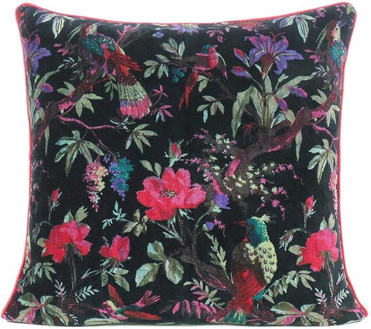 24" Black Velvet Floral Flower Bird Colorful Throw Sofa Cushion Couch Pillow Cover Case Boho Chic Bohemian Accent Indian Handmade Cover ONLY
