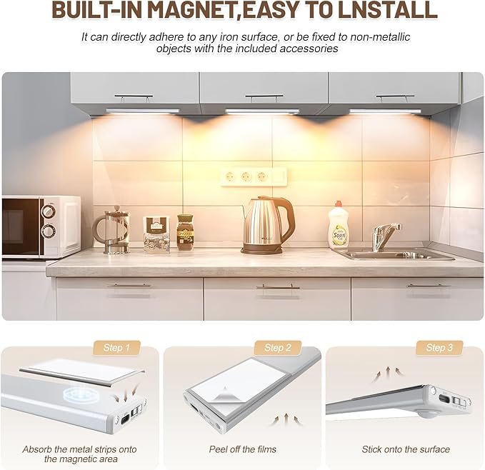 6 Pack Under Cabinet Lights Wireless, 68 LED Motion Sensor Light Indoor Rechargeable Magnetic Closet Lights Battery Operated, Under Counter Lights for Kitchen, Wardrobe, Stairs, Warm Light
