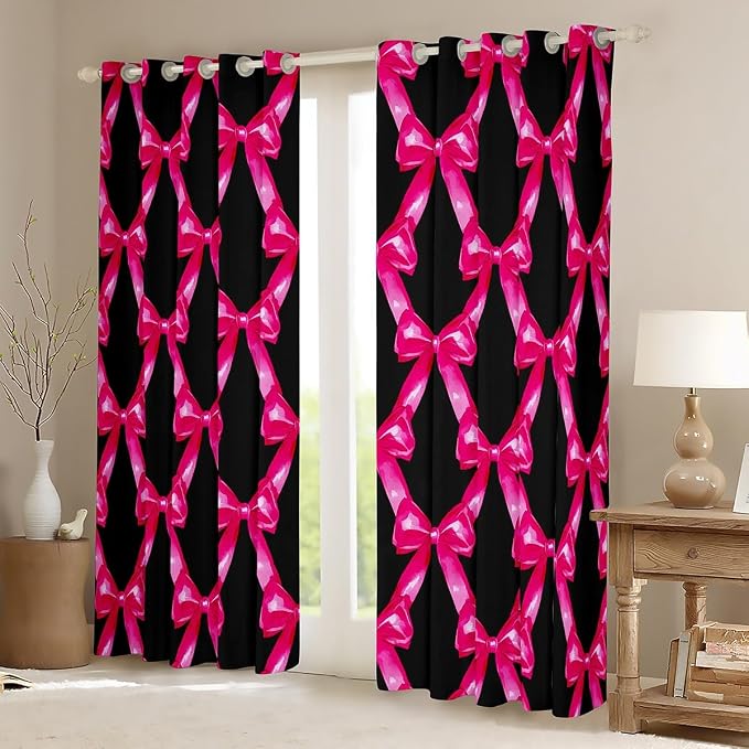 Erosebridal Rose Pink Bow Window Curtain for Kids Teen Women,Bowknot Girls 52" Wx84 L Curtain Dreamy Princess Bow Tie Window Treatments Geometric Patchwork Bowknot Black Curtains & Drapes