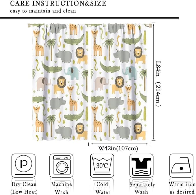 Nursery Safari Animals Curtains, Baby Boy Girl Kids Woodland Jungle Forest Lion Elephant Printed Curtains for Living Room Bedroom Window Drapes 2 Panel Sets84x84 Inch