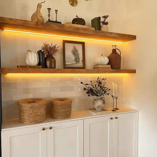 ROGMARS 36 Inches Long Walnut Floating Shelves with Led Light | Rustic Solid Wood Farmhouse Wall Shelves with Invisible Brackets for Bedroom, Living Room, Kitchen, Bathroom Set of 2