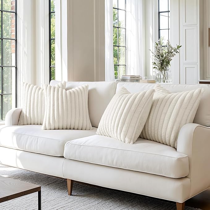 MIULEE Faux Fur Plush Decorative Throw Pillow Covers 18x18 Set of 4, Spring Modern Soft Fuzzy Striped Cushion Covers for Sofa Couch Bed Living Room Cozy Home Decor,Cream White