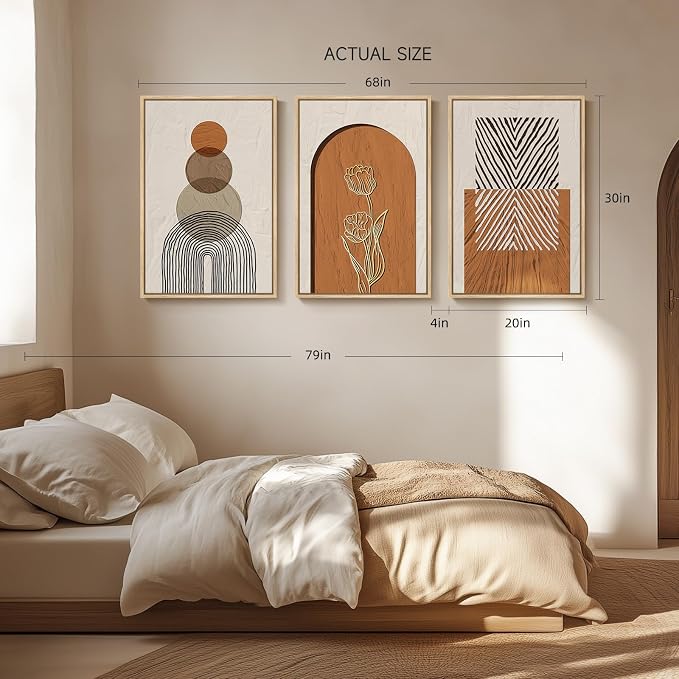 Large Framed Boho Abstract Wall Art for Living Room, 3 Piece Neutral Orange Paintings Prints Canvas Artwork for Walls, Modern Geometric Bohemian Pictures Wall Decor for Bedroom Home Office, 20x30 Inch
