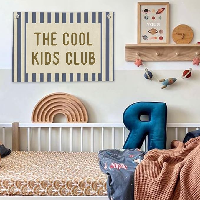 RTXLEZM Boys Room Decor, The Cool Kids Club Canvas Banner | Retro Preppy Navy Blue Striped Wall Hanging for Kids Toddler Boys Nursery Room Bedroom Playroom Decor, 20x30 Inch