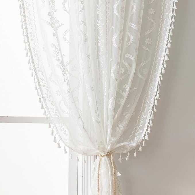 WAZZIO Boho Lace Curtains 2 Panels 45 Inches -Cute Vintage Victorian Sheer Panel Drape French Country Floral Pattern & Tassel Light Filtering Privacy for Bedroom Dining Living Room,White,W52x L45