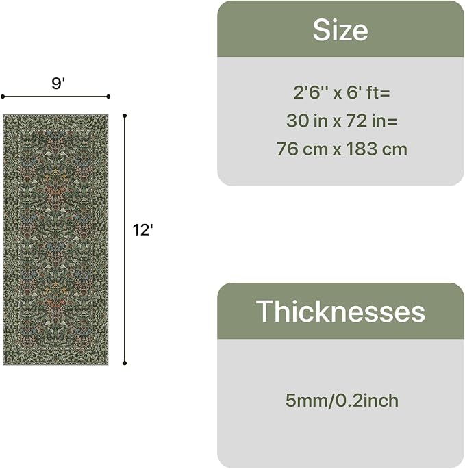 GENIMO 9x12 Washable Area Rug for Living Room, Non Slip, Emerald Green | Vintage Boho Floral Low Pile Thin Carpet for Bedroom, Dining Room, Nursery, Indoor Decor