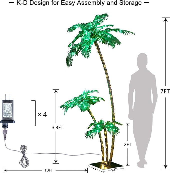 LIGHTSHARE Lighted 7FT Gorgeous Palm Tree 3Trunks Artificial Palm Tree 218LED Lights for Office Decoration Indoor Outdoor Tiki Bar Christmas Patio Pool- Electric