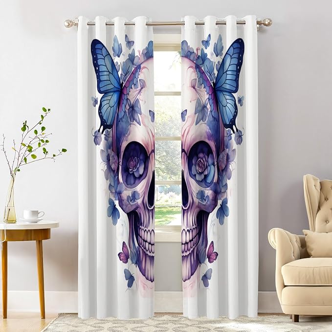Shrahala Halloween Watercolor Skull Thermal Insulated Blackout Window Curtains, Purple Blue Gothic Butterflies Flowers Long Drapes for Bedroom/Living Room with Plastic Grommet, 52X84 Set of 2