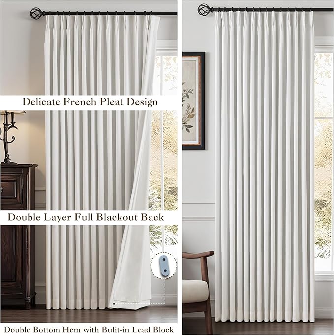 IVAPUPU Pinch Pleated Linen Blend Blackout Curtains for Bedroom - Ivory Full Black Out Curtains 84 Inch 2 Panels Set for Living Room Darkening Thermal Window Curtain Drapes with 16pc Hooks