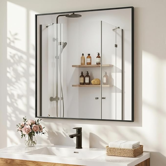 30"x30" Matte Black Framed Square Bathroom Vanity Wall Mirror | Accent Wall Mirror, Square Geometric Look, Slim Metal Frame, Living Room, Entryway, Keyhole Mount, Tempered Glass