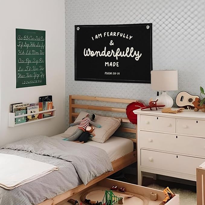 Kids Room Decor - Bible Verse Wall Hanging, 'I am Fearfully and Wonderfully Made' Linen Banner, Canvas Decoration for Classroom, Nursery - Black