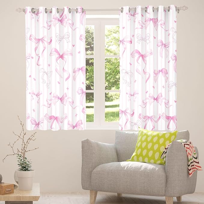 Feelyou Girls Pink Bow Blackout Curtains Coquette Cute Bow Knot Darkening Drapes for Bedroom Living Room Pink White Stripes Insulated Shades Dreamy Princess Window Treatments, 2 Panels 42 x 63 Inch