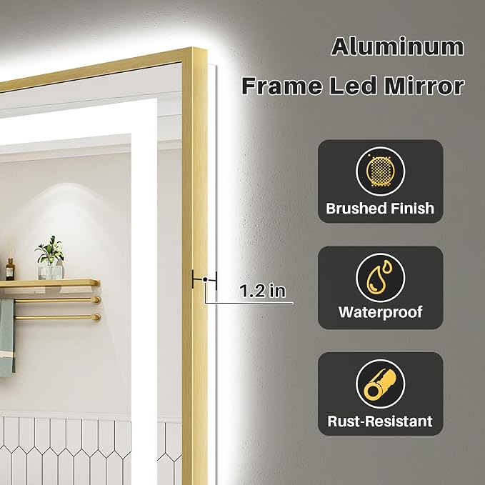 55x36 Inch LED Bathroom Mirror with Gold Frame, Backlit & Front Lit, Anti-Fog Lighted Bathroom Vanity Mirror for Wall, Memory Function, Dimmable, HD Tempered Glass, Shatter-Proof